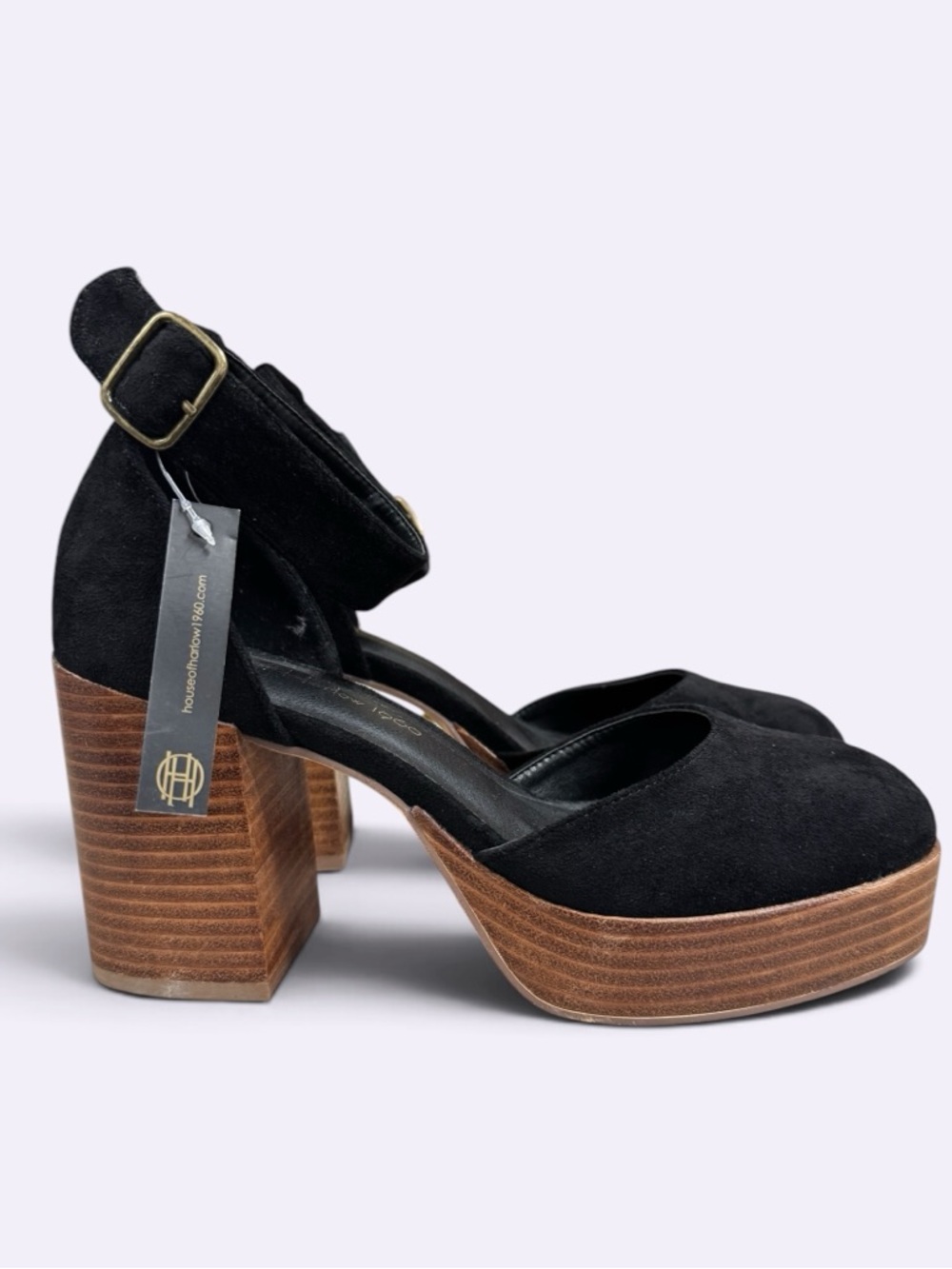 HOUSE IF HARLOW 1960 Tanner Black Suede Platform Wood Block Heel 7.5